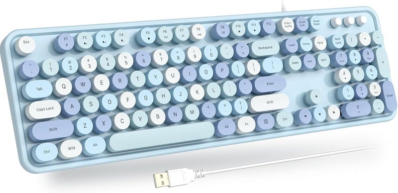 Atelus USB Wired Computer Keyboard - Retro Typewriter Keyboard - Full Size Office Keyboard with Number Pad, Caps Indicators, Foldable Stands, for PC Laptop Desktop Windows (Blue Colorful) - Image 1